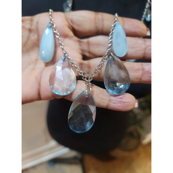 Womens Long Silver Chain Necklace With Blue Teardrop Crystal Charms Lobster Lock - Picture 6 of 7